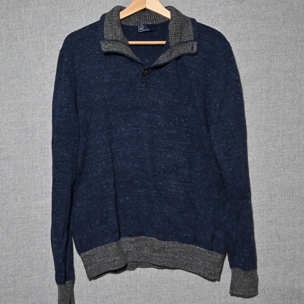 GAP Sweater Mens Large Navy Blue Marled Shawl Collar Pullover L